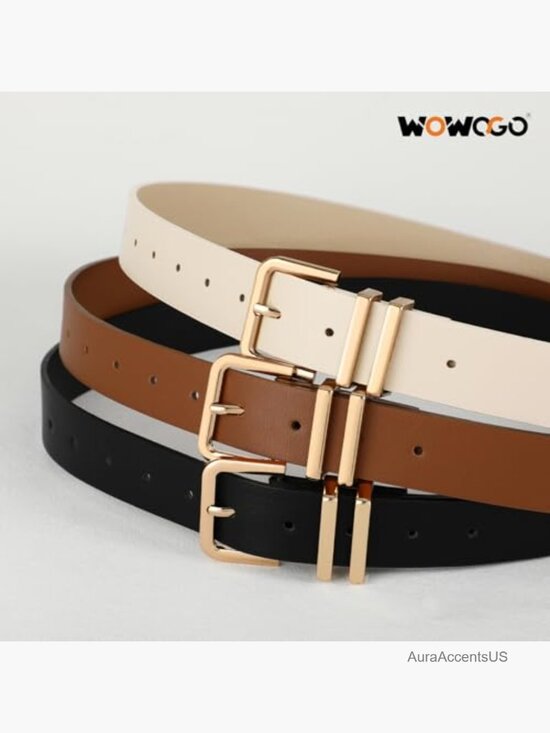 3-Pack Women Leather Belt 1.3 inch Gold Silver Buckle for Jeans Dresses main image 4